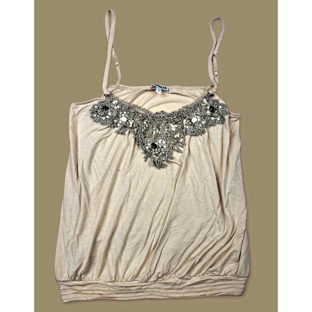 Express Tan Beaded Lace Applique Camisole Top Size L